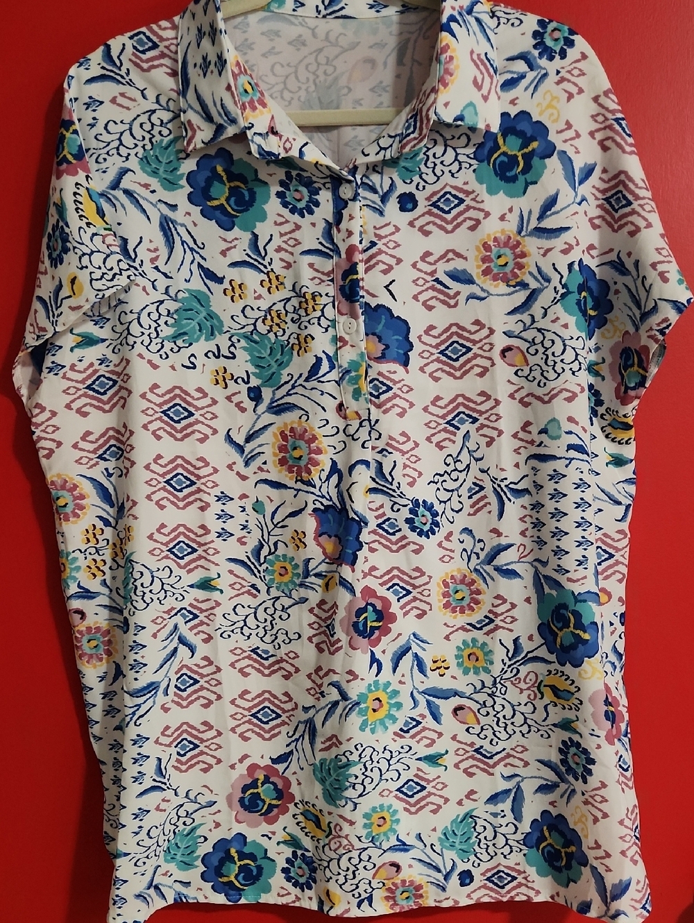 XL Floral Print Collared Short Sleeve Blouse - Blue & Pink Flowers